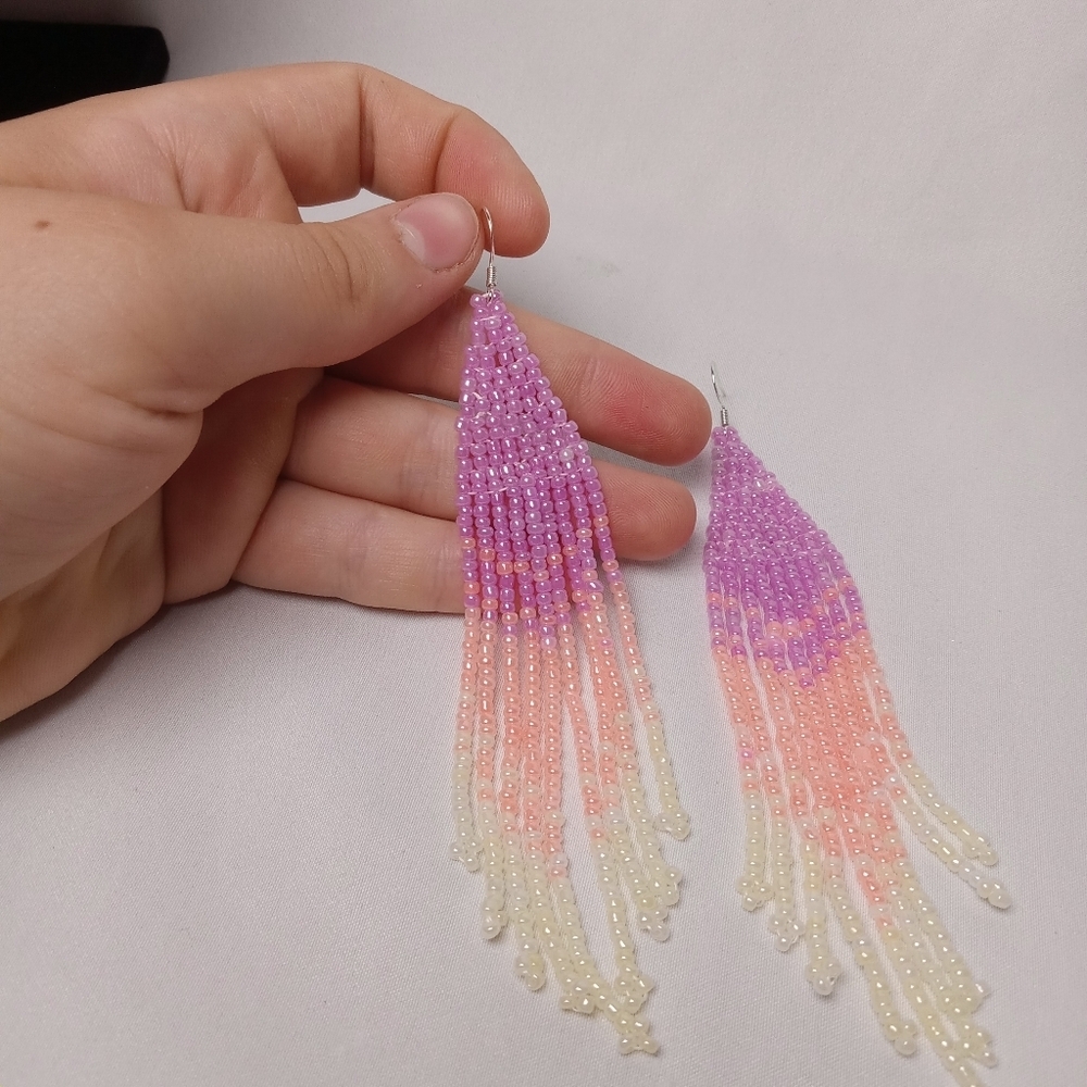 Elegant Beaded Dangle Earrings - Purple, Pink, Cream - Picture 6 of 9